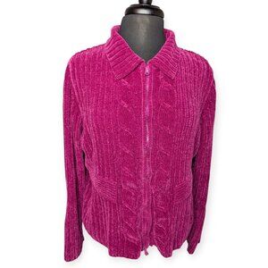 Designer Studio Original Vibrant Pink Cable Knit Full Zip Front Sweater Size PXL